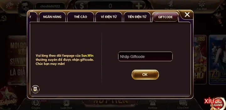 Quy trình nạp tiền Sunwin bằng giftcode