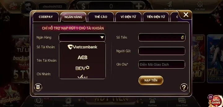 Hướng dẫn nạp tiền Sunwin 